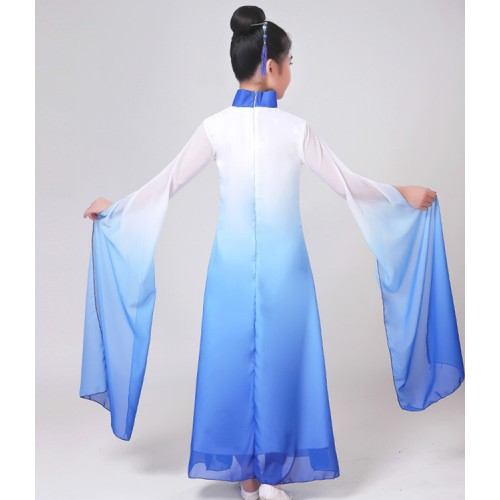 Girls chinese folk dance costumes kids hanfu water sleeves white with blue ancient traditional classical dance fairy drama cosplay dresses
